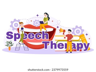 Speech Therapy Vector Illustration with Kids Training Basic Language Skills and Articulation Problem in Education Flat Cartoon Background Templates