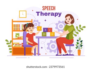 Speech Therapy Vector Illustration with Kids Training Basic Language Skills and Articulation Problem in Education Flat Cartoon Background Templates