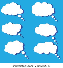 Speech or think bubble, empty communication cloud. Vector design element with blue background.