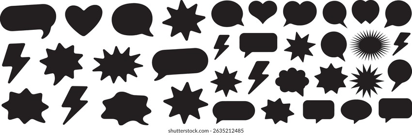 Speech and thought bubble collection with silhouette boxes, cloud silhouettes, and themed outlines of stars, hearts, and thunderbolts.