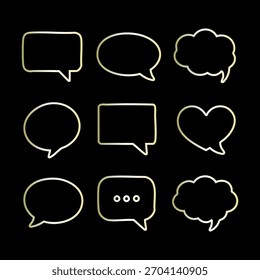 Speech and Thought Bubble Icons – 3x3 Grid of Communication Shapes on Black Background. A vector-style graphic featuring nine speech and thought bubble icons arranged in a 3x3 grid. Each bubble has a distinct shape, including rectangular, oval, cloud-like, and heart-shaped designs. The icons are outlined in a light color against a black background, creating strong contrast and visual clarity. The bottom center bubble contains three dots, symbolizing a typing or thinking status. This image is ideal for themes related to communication, user interface design, digital messaging, and visual storytelling. Suitable for use in app design, infographics, presentations, or educational materials.