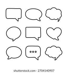 Sprechblasen-Symbolsatz. Minimales Vektorraster mit Comic- und UI-Elementen für den Kommunikations- und Designgebrauch. Ideal für Illustrationen im Comic-Stil, visuelle Inhalte mit Kommunikationsthemen oder bearbeitbare Vorlagen. 