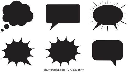 Ícones de Bolhas de Fala e Pensamento em Várias Formas. Uma ilustração vetorial em preto-e-branco que representa a comunicação e a expressão.