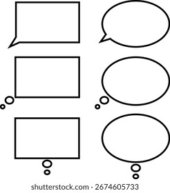 Speech and Thought Bubble Set 6 Black Outline Vector Icons in Rectangular and Oval Styles for Comics and Storytelling Collection of Comic Style Dialogue Thought