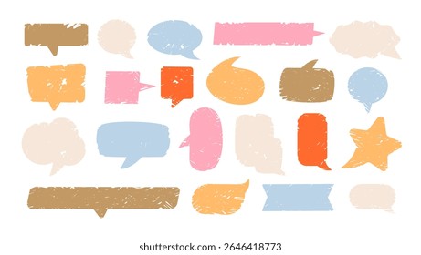 Speech and thought bubbles with crayon textures and scribbles. Chalk textured doodle frames and speech balloons for chat and message templates. Flat vector illustration of text boxes.