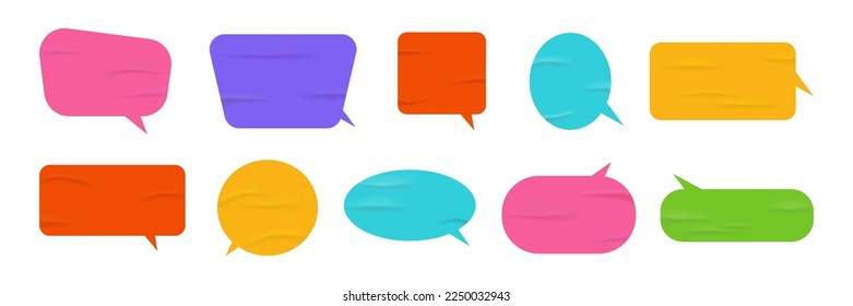 Speech and thought bubbles, dialogue balloons, isolated wrinkled glued stickers with copy space. Empty pieces of paper for phrases. Vector in realistic style