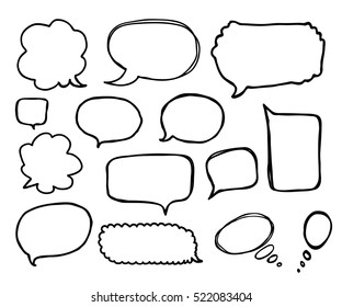 Speech or thought bubbles of different shapes and sizes. Hand drawn cartoon doodle vector illustration.
