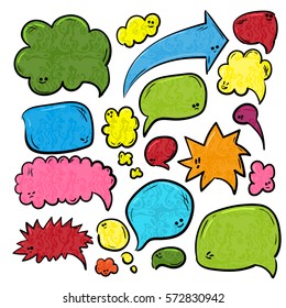 Speech or thought bubbles of different shapes and sizes. Hand drawn cartoon doodle vector illustration with funny faces