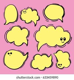 Speech or thought bubbles of different shapes and sizes. Hand drawn cartoon doodle vector illustration with funny faces