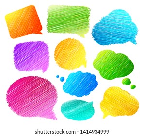 Speech and thought bubbles. Hand drawn doodles banners with place for quotes on white background. Set of colorful sketch clouds, multicolored lines stroke and scribble. Vector illustration