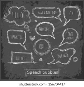 Speech and thought bubbles on blackboard. Vector illustration.