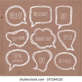 Speech and thought bubbles on brown paper. Vector illustration.