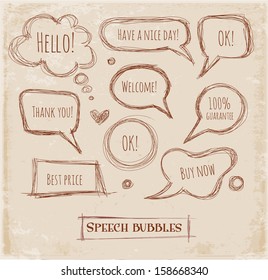 Speech and thought bubbles on vintage paper. Vector sketch illustration.