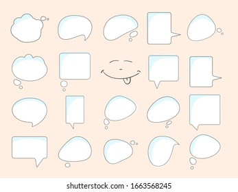 Speech and thought bubbles set, thin line contour with white and blue background. Doodle happy face showing tongue for happy day