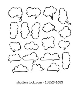 Speech or thought cartoon clouds and bubbles set. Hand-drawn doodle style. Isolated on white background with blank space. Outline and fill both editable. 