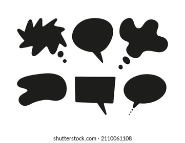 Speech, thought, speaking hand drawn text bubbles set. Talk clouds sketching. Doodle balloon shape. Drawn with a brush-pen in sketch style. Blank empty black speech bubble. Clouds. Stickers for tasks