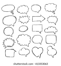 Speech, Thought, Speaking Hand Drawn Bubbles Set. Talk Clouds Sketching. Balloon Shape.