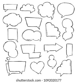 Speech, thougth, speaking hand drawn bubbles set. Talk clouds sketching. Balloon shape. Drawn with a brush-pen in sketch style.