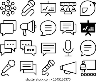 speech vector icon set such as: logo, tribune, cartoon, collection, entertainment, podium, camera, pictograph, phone, wing, information, ui, connection, cute, clipart, texting, news, thin, multimedia