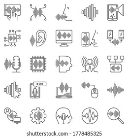 Speech and Voice Recognition outline icons set. Vector voice control, soundwave and other sound linear signs