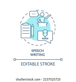 Speech writing turquoise concept icon. Public performance prepare. PR firm service abstract idea thin line illustration. Isolated outline drawing. Editable stroke. Arial, Myriad Pro-Bold fonts used