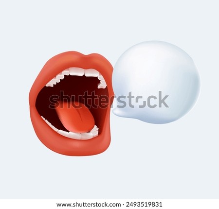 Speechbabble with mouths in 3D style. Open female or male mouths, with screaming, smiling speech bubble icon. Vector contemporary illustration. Vector illustration isolated on white