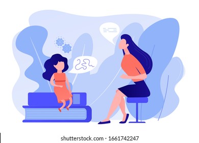 Speech-language pathologist. Basic language skills. Articulation problem. Speech therapy, language therapy, improve language development concept. Pinkish coral bluevector vector isolated illustration