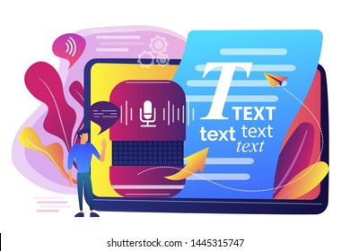 Speech-to-text App, Voice Recognition Application. Convert Speech To Text, Multi-language Speech Recognizer, Voice-to-text Software Concept. Bright Vibrant Violet Vector Isolated Illustration