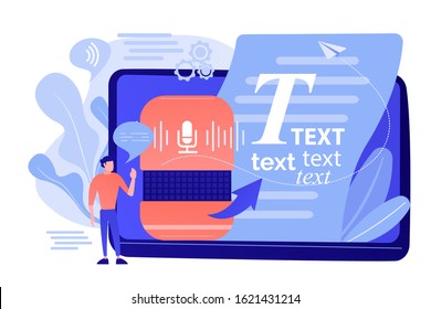 Speech-to-text app, voice recognition application. Convert speech to text, multi-language speech recognizer, voice-to-text software concept. Pinkish coral bluevector isolated illustration