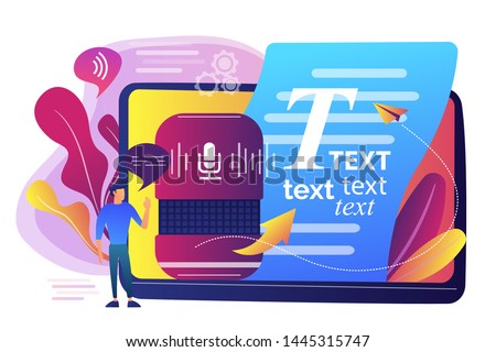 Speech-to-text app, voice recognition application. Convert speech to text, multi-language speech recognizer, voice-to-text software concept. Bright vibrant violet vector isolated illustration