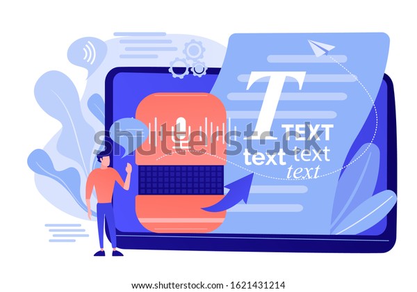 Speech-to-text app, voice recognition\
application. Convert speech to text, multi-language speech\
recognizer, voice-to-text software concept. Pinkish coral\
bluevector isolated\
illustration