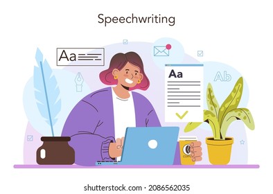 Speechwriter concept. Professional speaker or journalist write a content for a public announcement. Copywriter creating text for media. Modern creative profession. Flat vector illustration