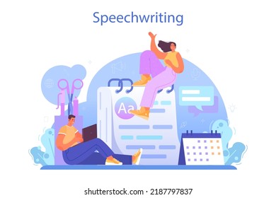 Speechwriter concept. Professional speaker or journalist write a content for a public announcement. Copywriter creating text for media. Flat vector illustration