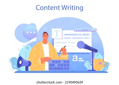 Speechwriter concept. Professional speaker or journalist write a content for a public announcement. Copywriter creating text for media. Flat vector illustration