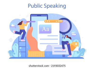 Speechwriter concept. Professional speaker or journalist write a content for a public announcement. Copywriter creating text for media. Flat vector illustration