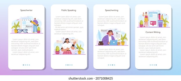 Speechwriter mobile application banner set. Professional speaker or journalist write a content for a public announcement. Copywriter creating text for media. Flat vector illustration