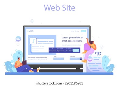 Speechwriter online service or platform. Professional speaker or journalist write a content for a public announcement or media. Website. Flat vector illustration