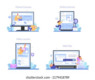 Speechwriter online service or platform set. Professional speaker or journalist write a content for a public announcement or media. Online course, video lesson, website. Flat vector illustration