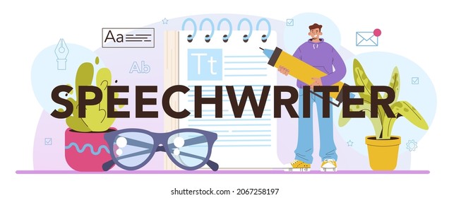 Encabezado tipográfico de guionista de voz. Orador profesional o periodista escribe un contenido para un anuncio público. Copywriter creando texto para medios. Ilustración vectorial plana