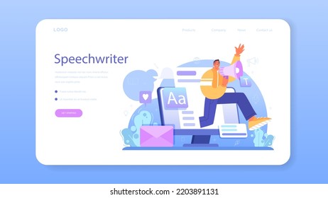 Speechwriter web banner or landing page. Professional speaker or journalist write a content for a public announcement. Copywriter creating text for media. Flat vector illustration