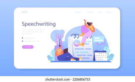 Speechwriter web banner or landing page. Professional speaker or journalist write a content for a public announcement. Copywriter creating text for media. Flat vector illustration