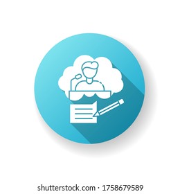 Speechwriting blue flat design long shadow glyph icon. Message for press conference. Announcement for public. Interview and journalism. Social media plan. Silhouette RGB color illustration