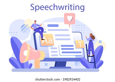Speechwriting concept. Professional speaker or journalist write a content for a public announcement. Copywriter creating text for media. Modern creative profession. Flat vector illustration
