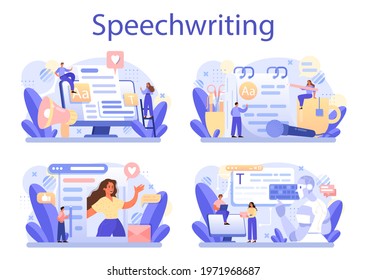 Speechwriting concept set. Professional speaker or journalist write a content for a public announcement. Copywriter creating text for media. Modern creative profession. Flat vector illustration