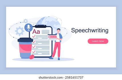 Speechwriting online poster. Man with coffee near clipboard with script. Copywriter creates interesting content for social networks and websites. Landing webpage design. Flat vector illustration