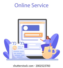 Speechwriting online service or platform. Professional speaker or journalist write a content for a public announcement. Flat vector illustration