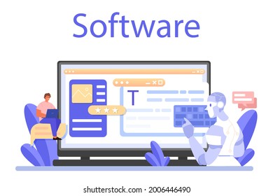 Speechwriting online service or platform. Professional speaker or journalist write a content for a public announcement. Online software. Flat vector illustration