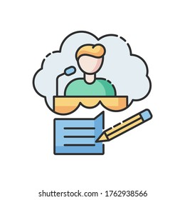 Speechwriting RGB color icon. Message for press conference. Announcement for public. Interview and journalism. Speaker prepare for event. Social media communication plan. Isolated vector illustration