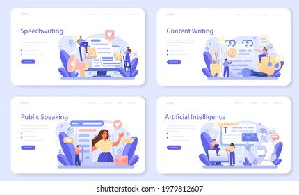 Speechwriting web banner or landing page set. Professional speaker or journalist write a content for a public announcement. Copywriter creating text for media. Flat vector illustration