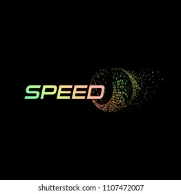 Speed abstract logo. Automotive digital technology of auto wheel. Car tire abstract isolated logotype on black background.